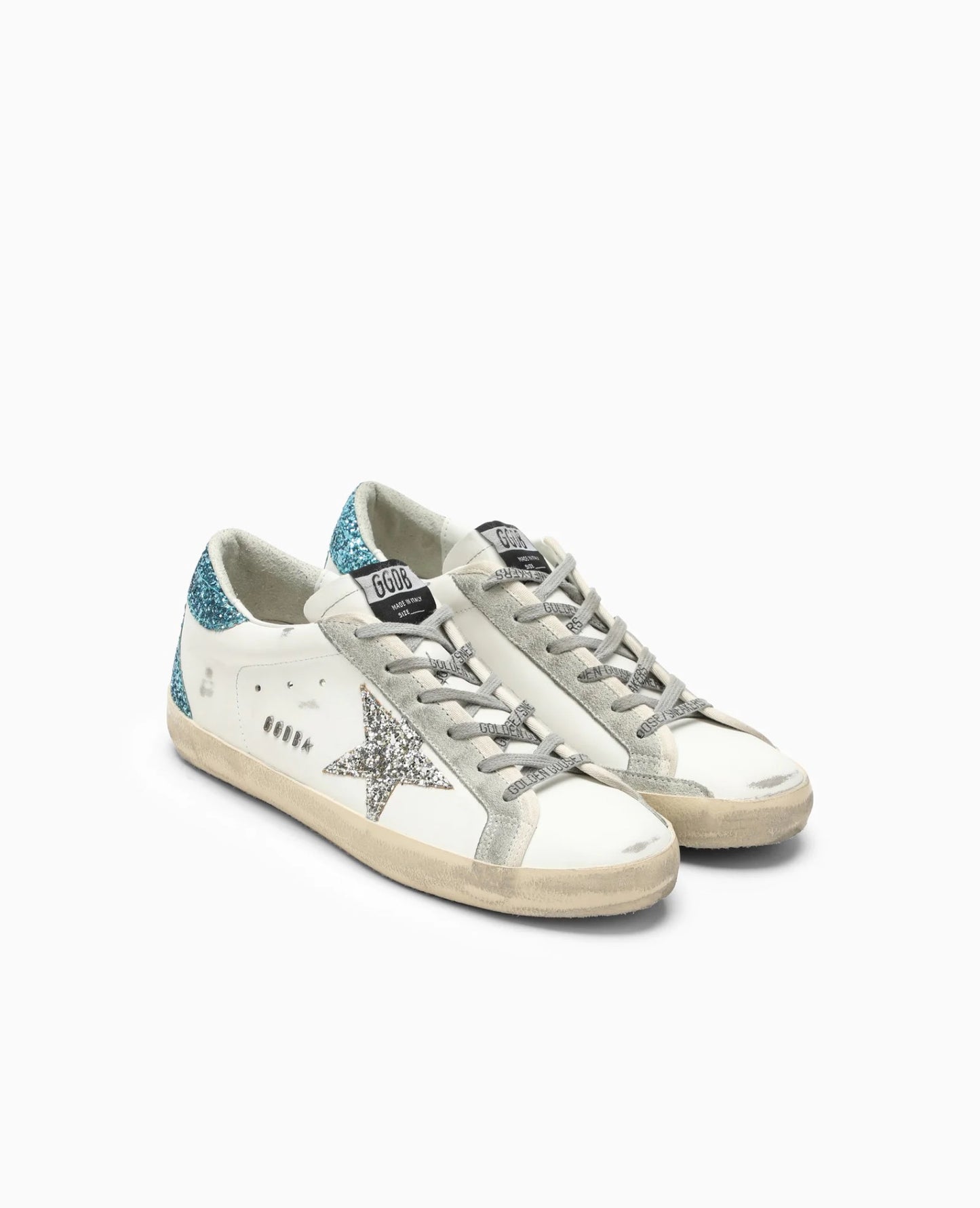 Golden Goose Women’s Super-Star with Silver Star and Turquoise glitter heel tab